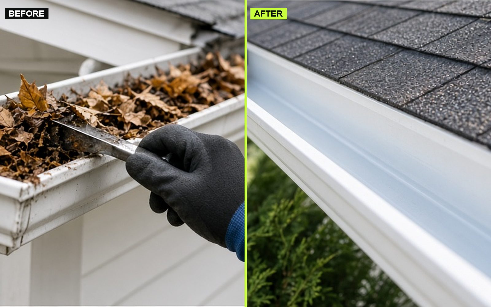 Gutter cleaning before and after